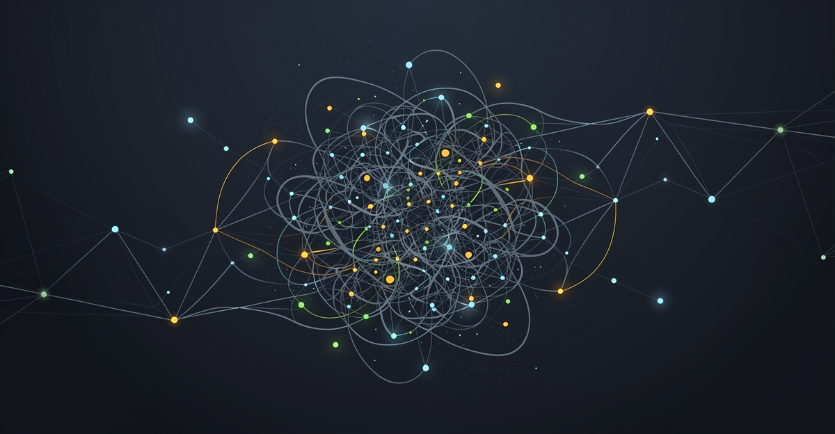 Abstract navy particle field, tangled cluster resolving into a grid, no product UI