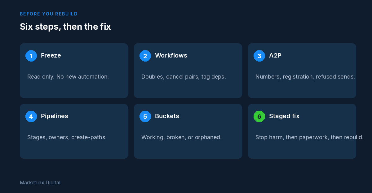Six steps on a navy field: Freeze, Workflows, A2P, Pipelines, Buckets, and Staged fix. No product UI.