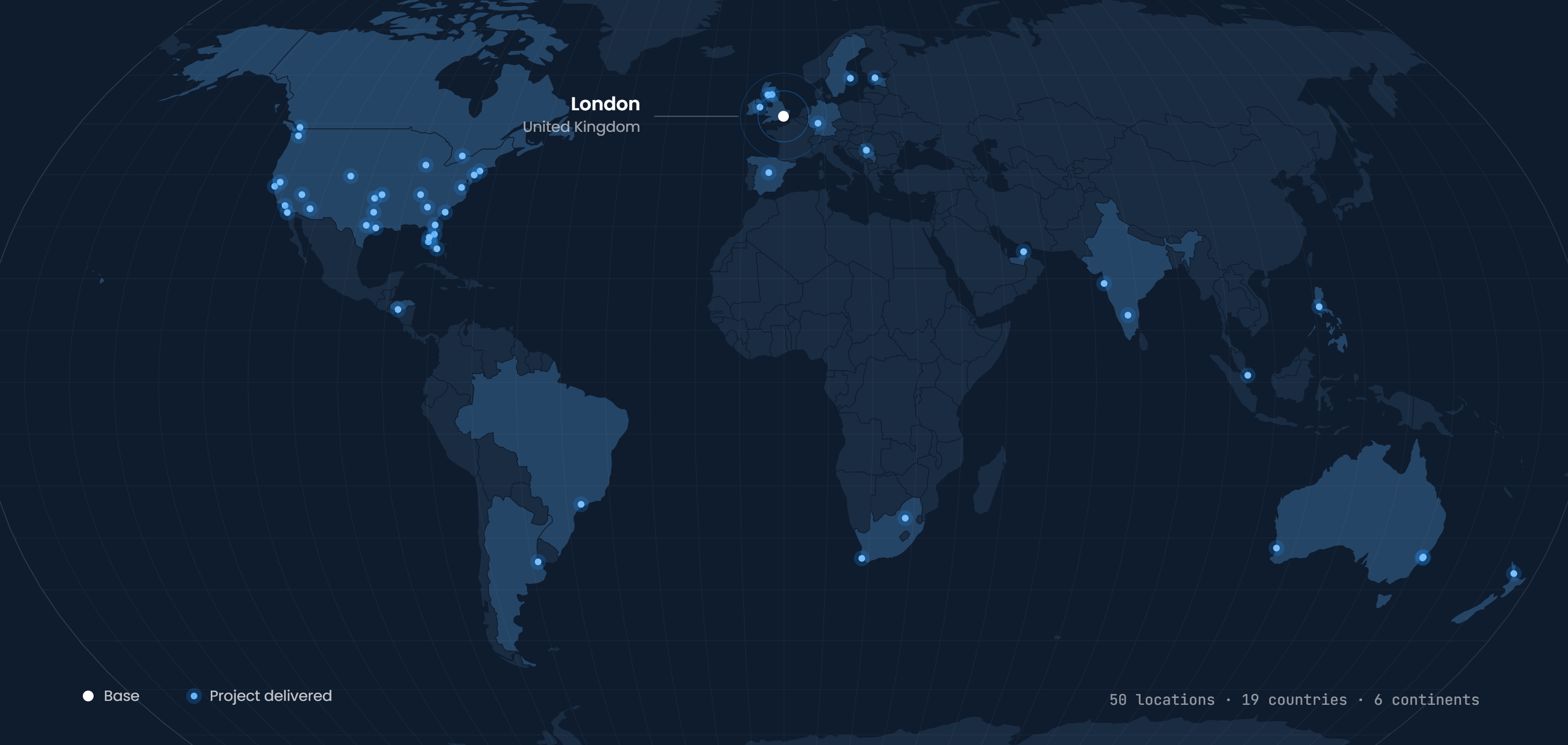 World map of Marketlinx DIGITAL GoHighLevel client coverage: 50 locations across 19 countries