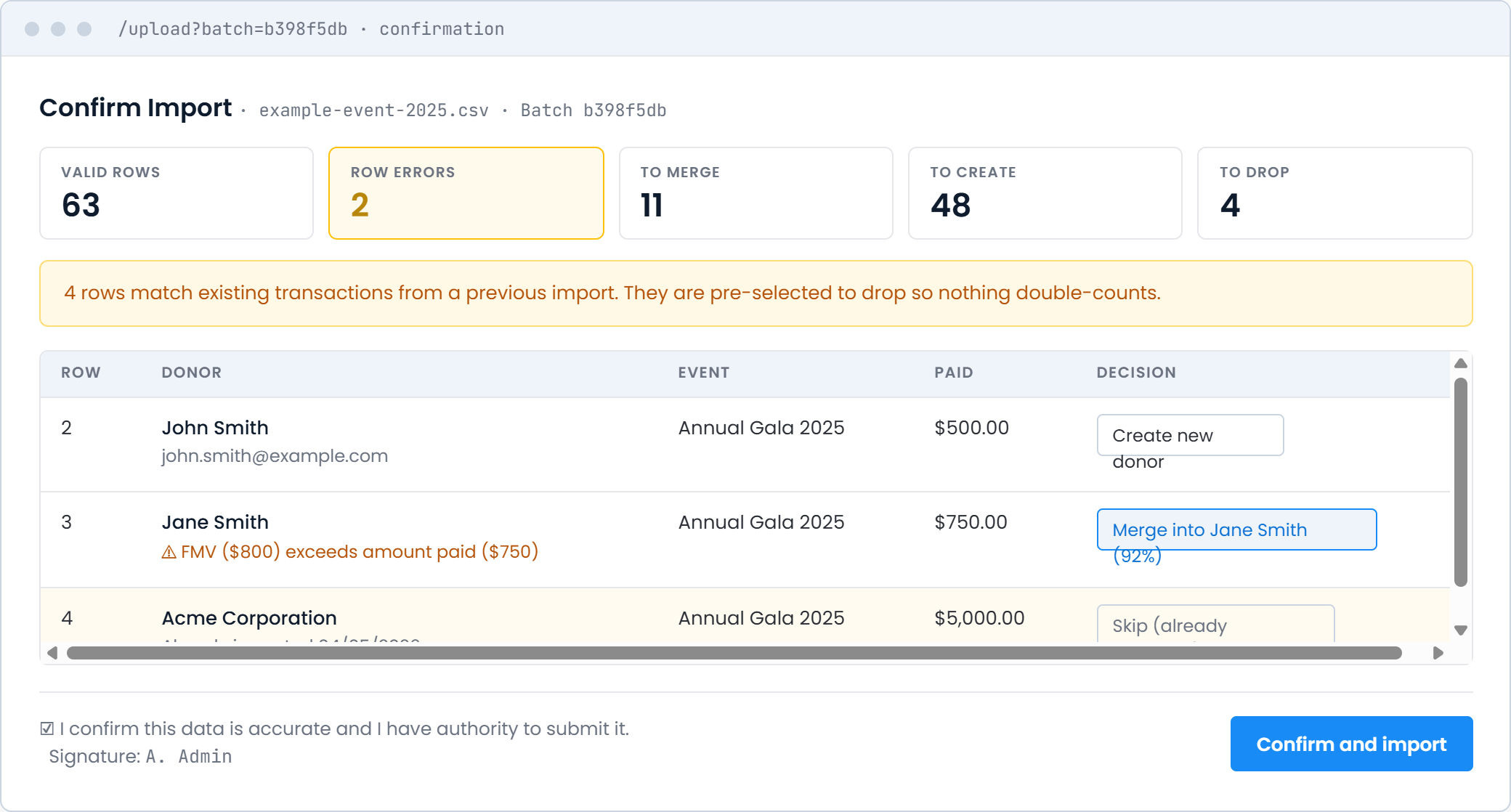 DMS import confirmation screen: valid rows, row errors, merges, creates and drops, with per-row decisions and a signature block