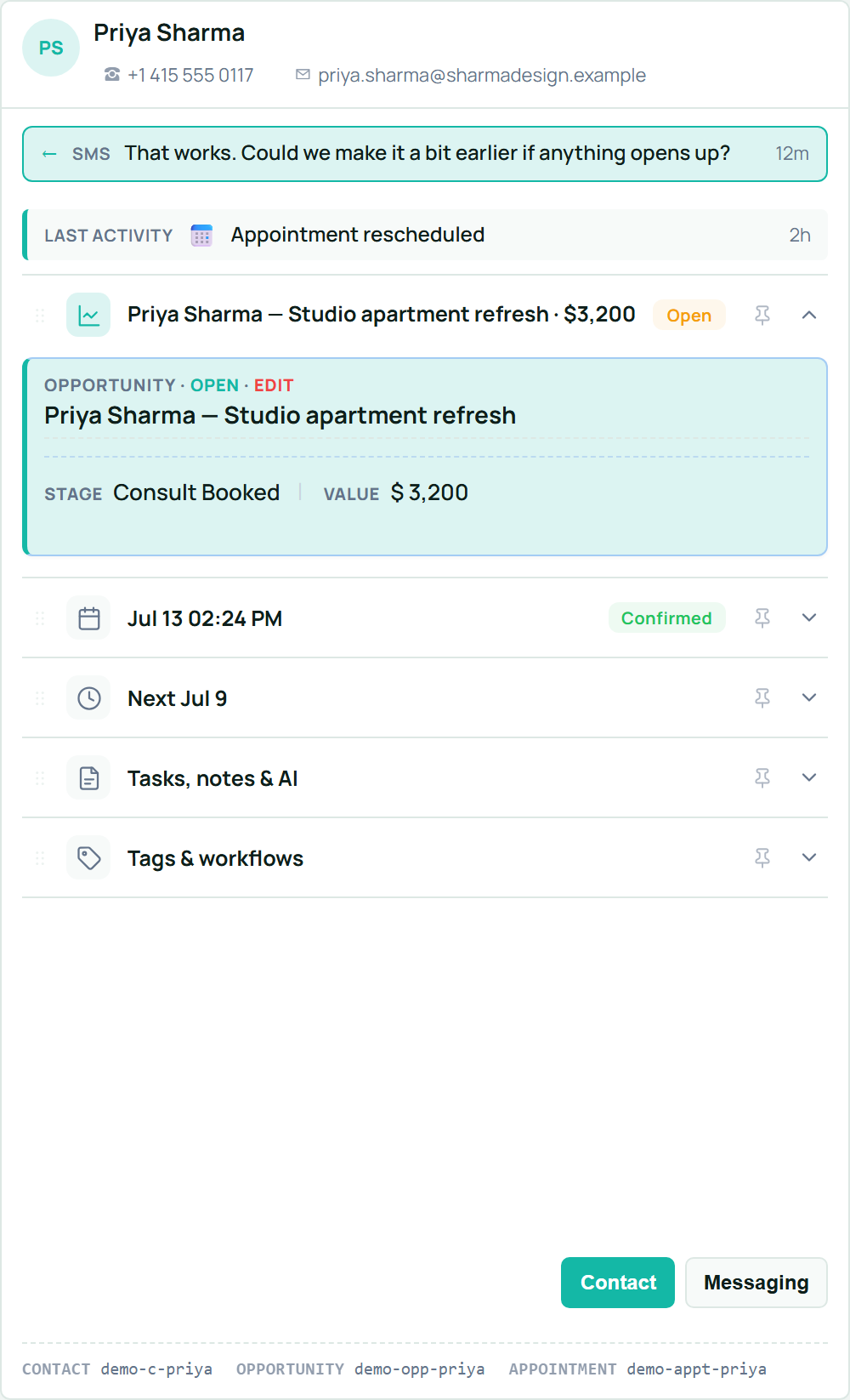 Front Desk Assist contact pane: latest inbound message, opportunity stage and value, the next appointment and the follow-up schedule