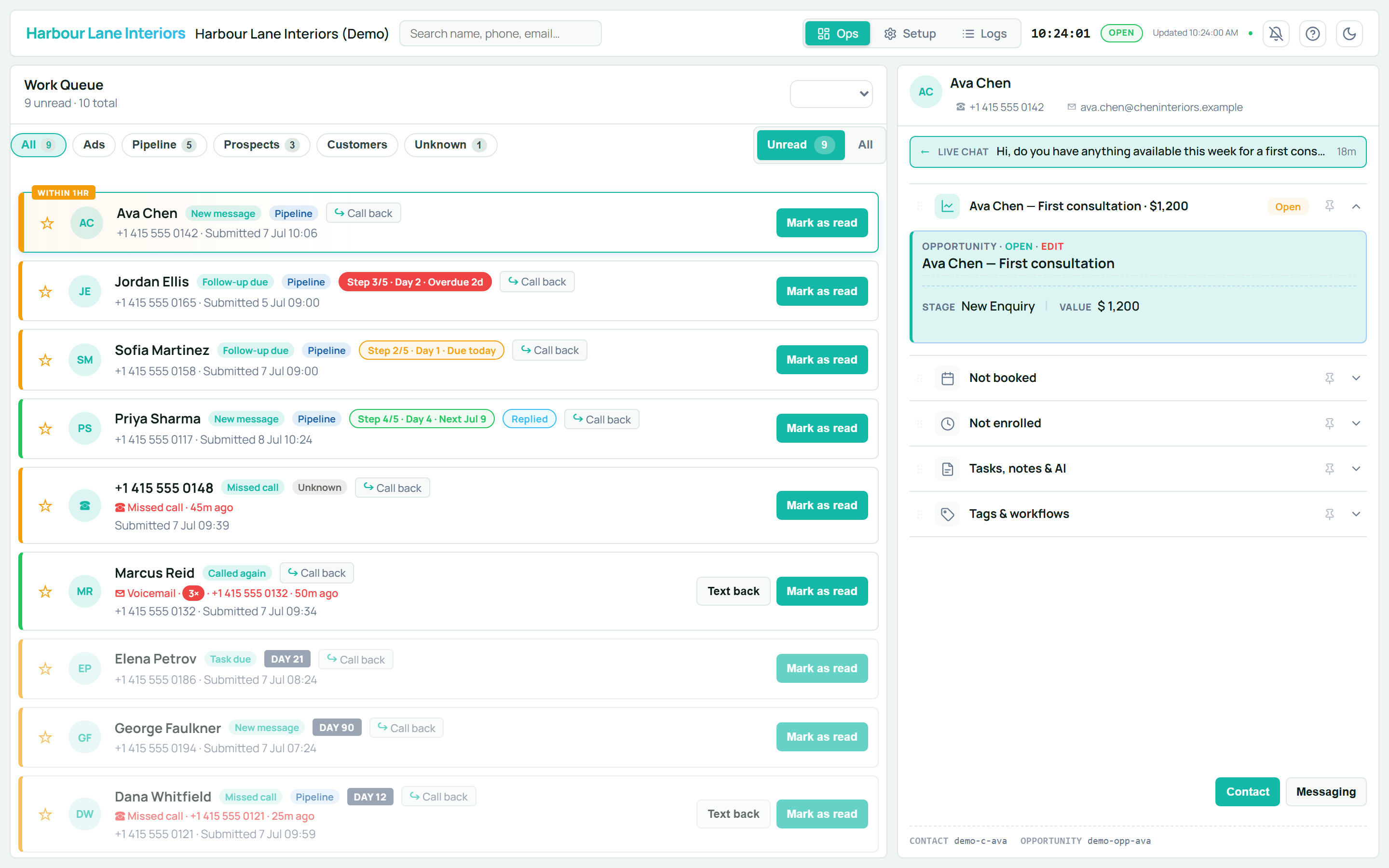 FrontDesk operations screen: a work queue of unread enquiries with contact and opportunity detail