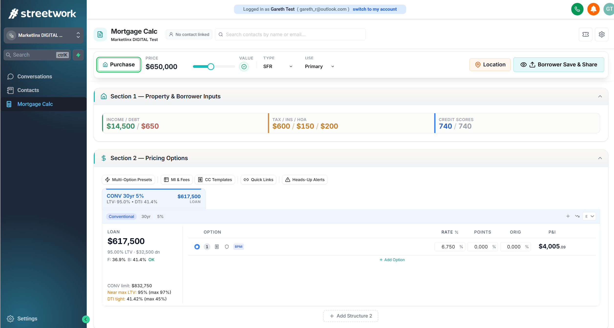 Mortgage Calc running inside a white-labelled HighLevel account: property and borrower inputs, pricing options and a conventional 30-year loan structure