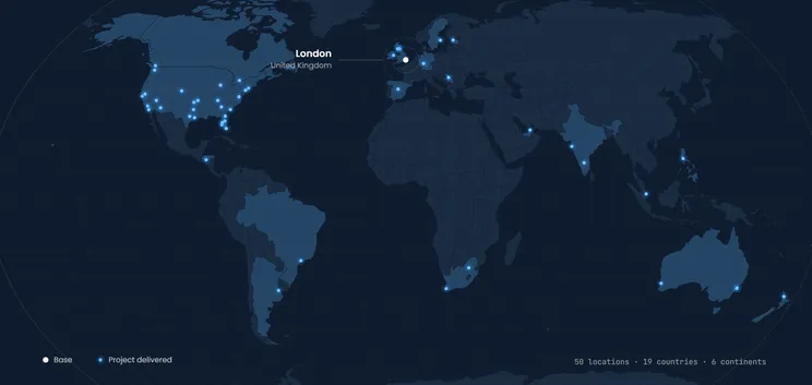 World map of Marketlinx DIGITAL GoHighLevel client coverage: 50 locations across 19 countries