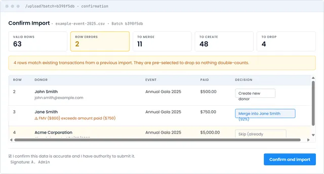 DMS import confirmation screen: valid rows, row errors, merges, creates and drops, with per-row decisions and a signature block