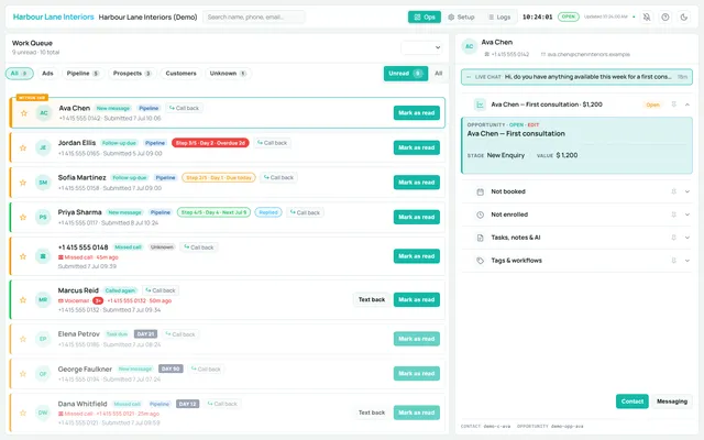 FrontDesk operations screen: a work queue of unread enquiries with contact and opportunity detail